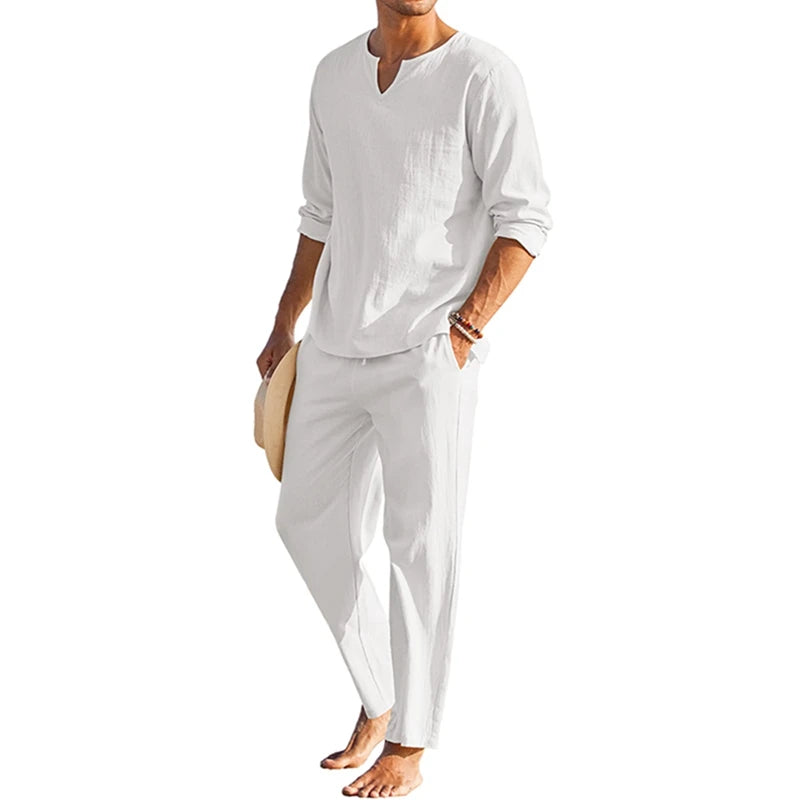 Men s Summer Cotton Linen Henley Shirt, Solid Color, Long Sleeve, Elastic Waist Drawstring Pants 2 Pieces Loungewear Set