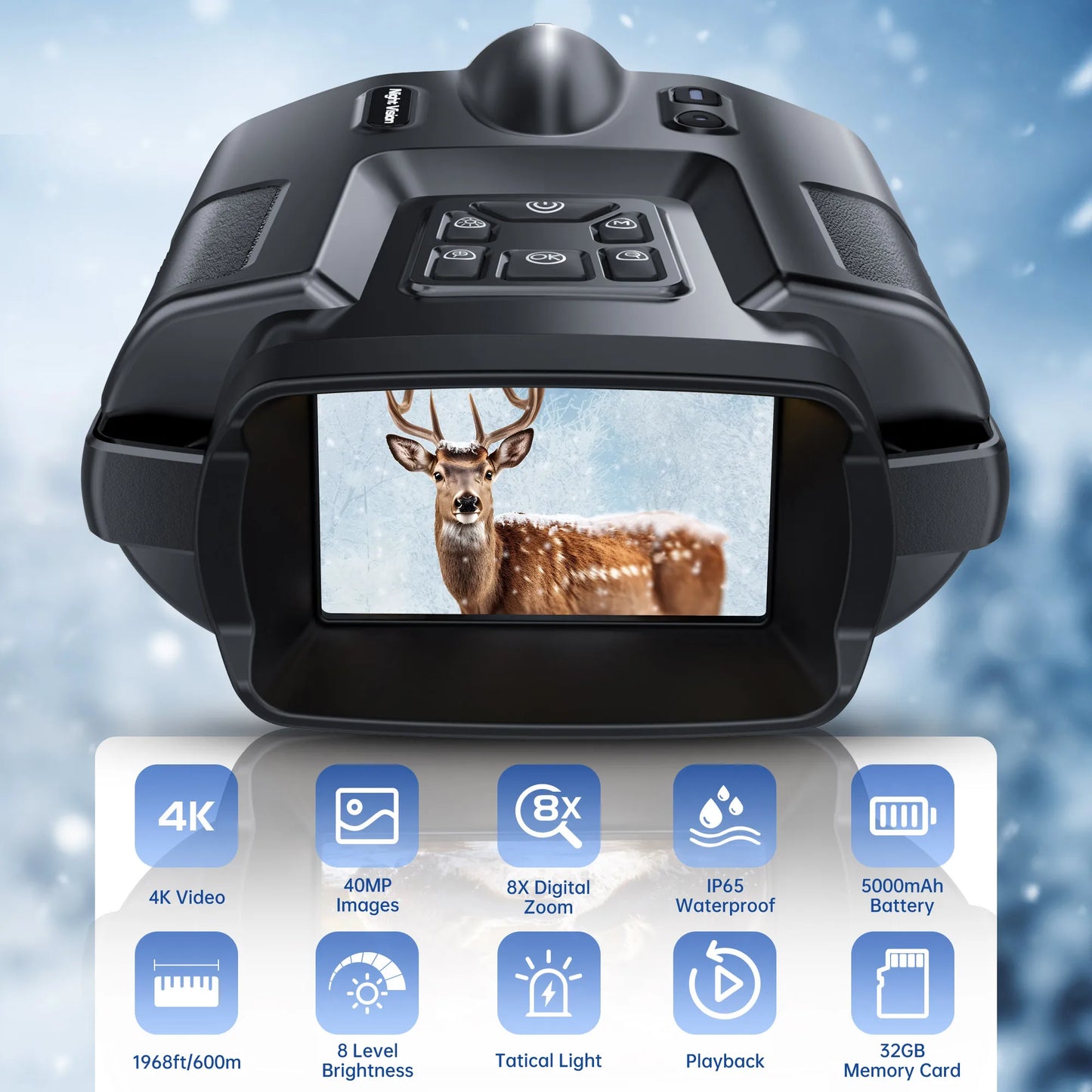 4K Infrared Night Vision Binoculars, 3 inch Screen, 8X Digital Zoom With Tactical Light, 5000mAh Rechargeable