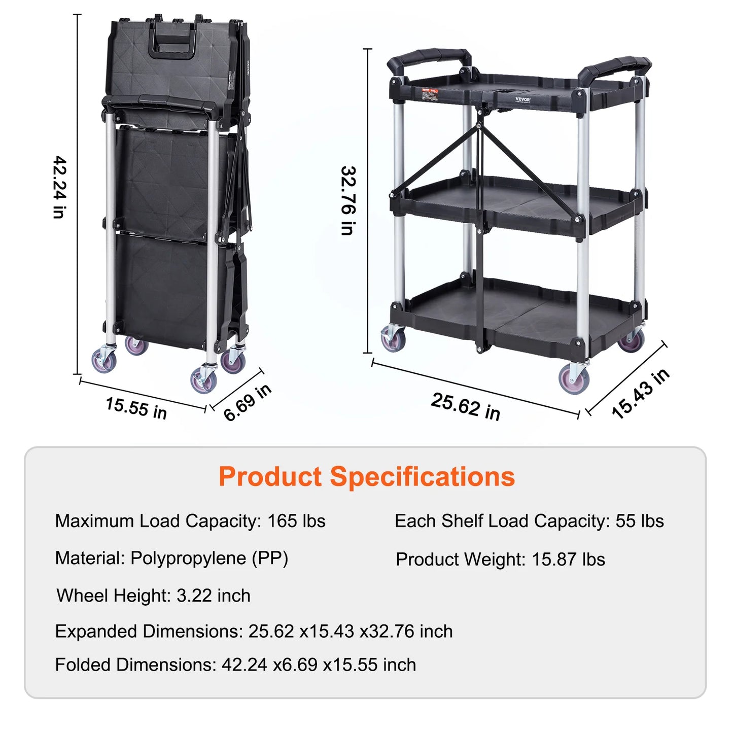 3 Tier Folding, Rolling Utility Cart