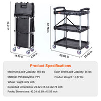 Load image into Gallery viewer, 3 Tier Folding, Rolling Utility Cart