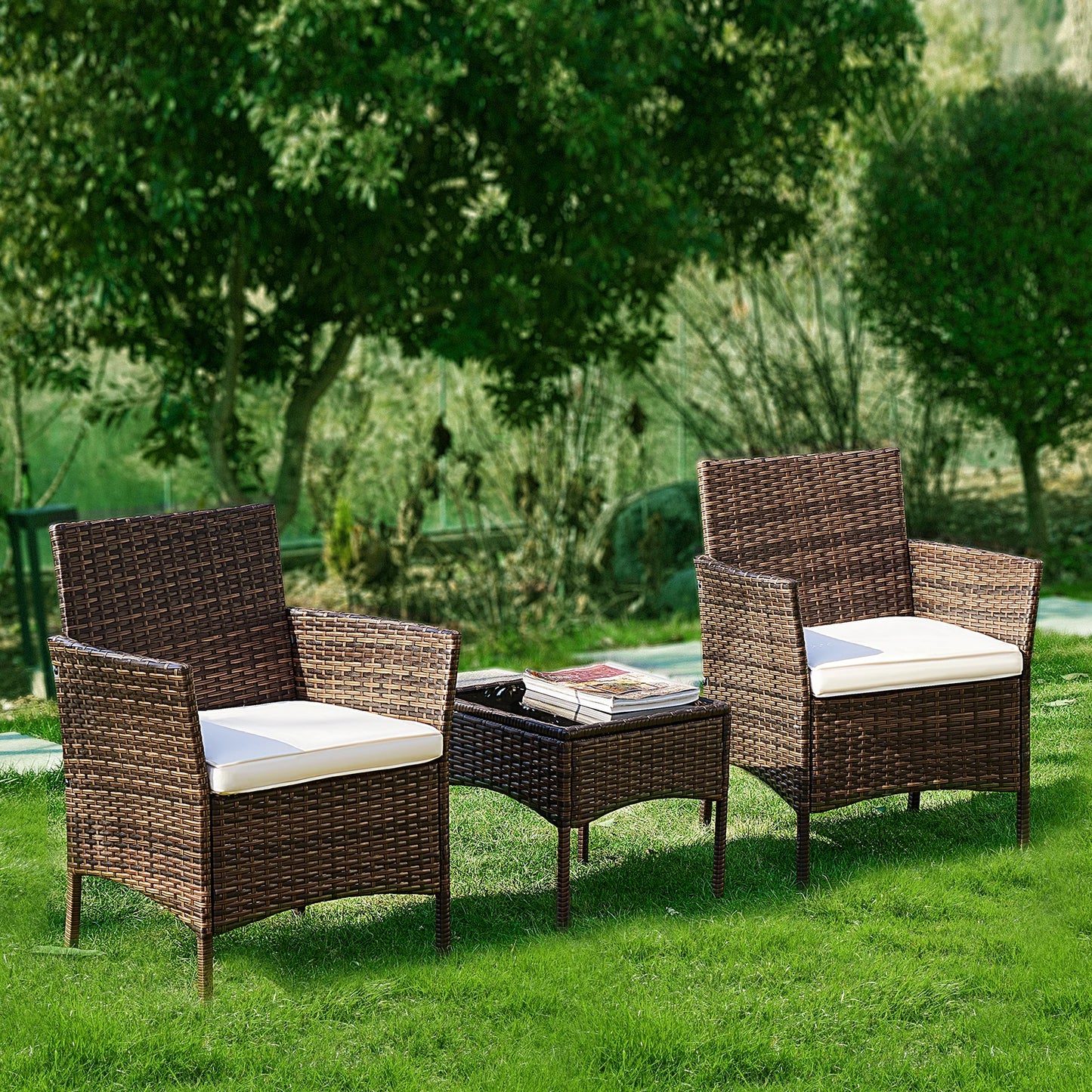 Outdoor Patio Furniture, Set of 3 Pieces with Soft Cushions and Glass Table Top, Manual Weaving Wicker Rattan Patio Chairs For Garden