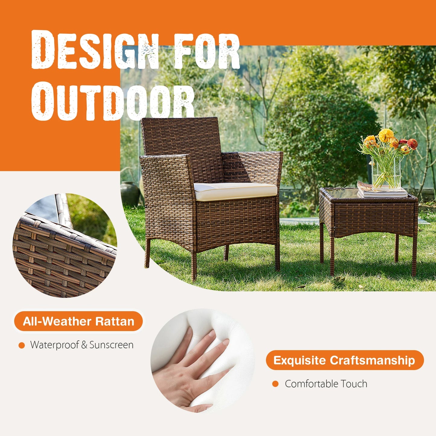 Outdoor Patio Furniture, Set of 3 Pieces with Soft Cushions and Glass Table Top, Manual Weaving Wicker Rattan Patio Chairs For Garden