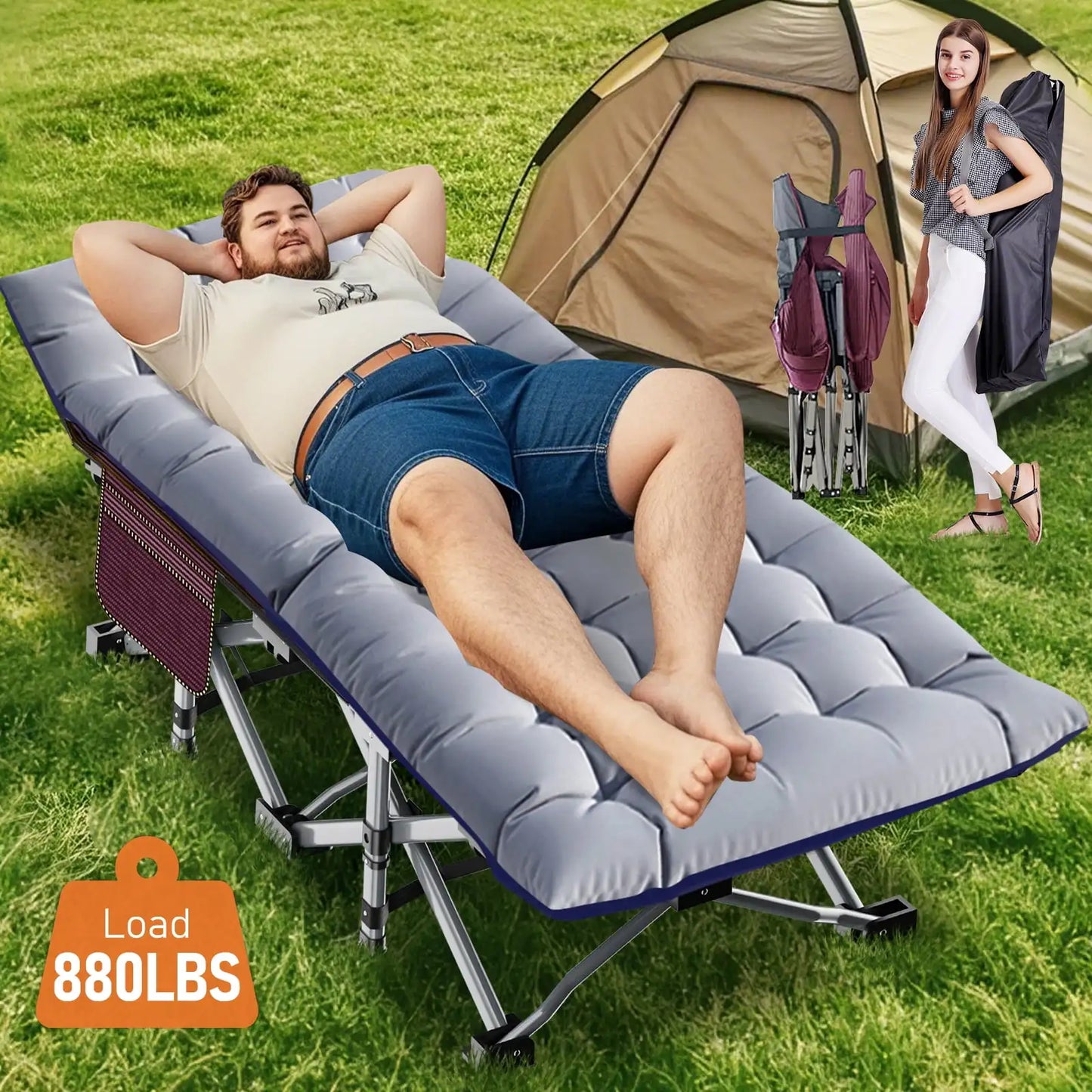 XL 75" * 28" Folding Bed Cot with 3.3 inch 2 Sided Mattress