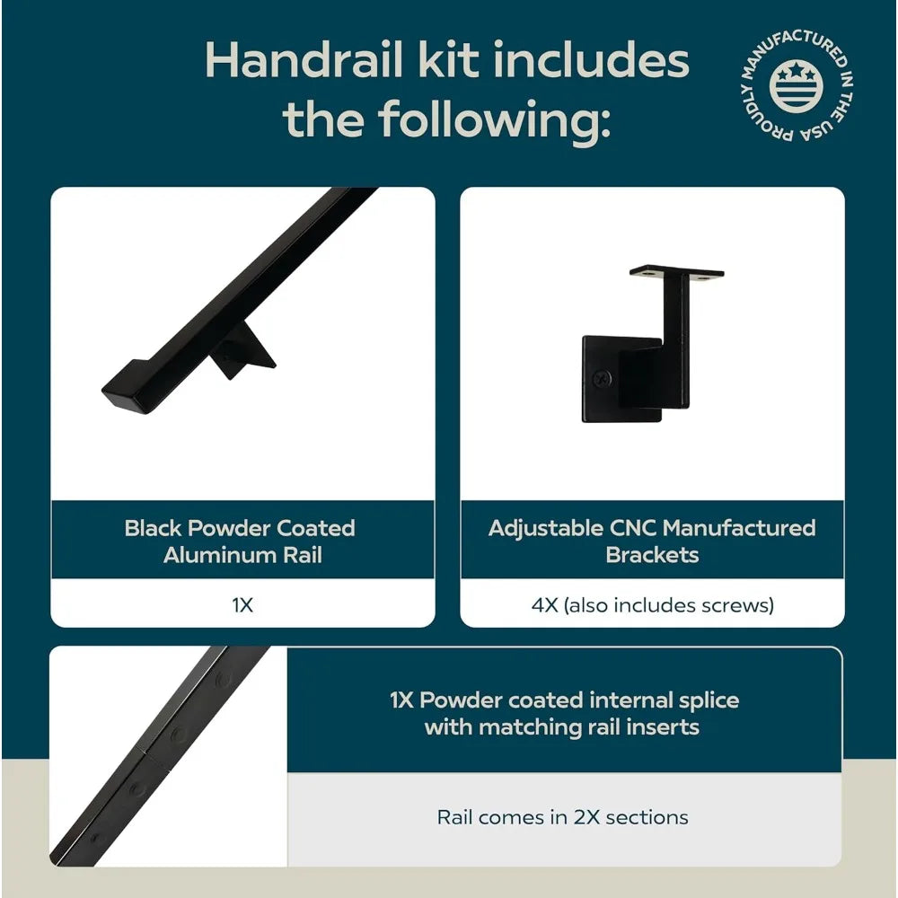 Contemporary Aluminum Complete Handrail, Brackets Included, Powder Coated Finish