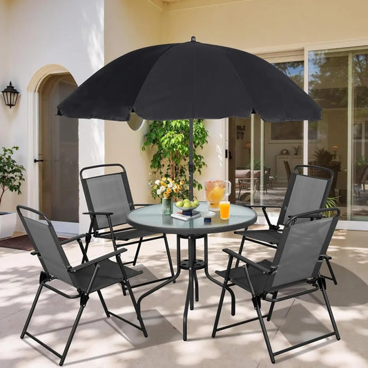6 Piece Patio Dining Set, Small Metal Outdoor Garden Patio Table and Chair Set w/Umbrella