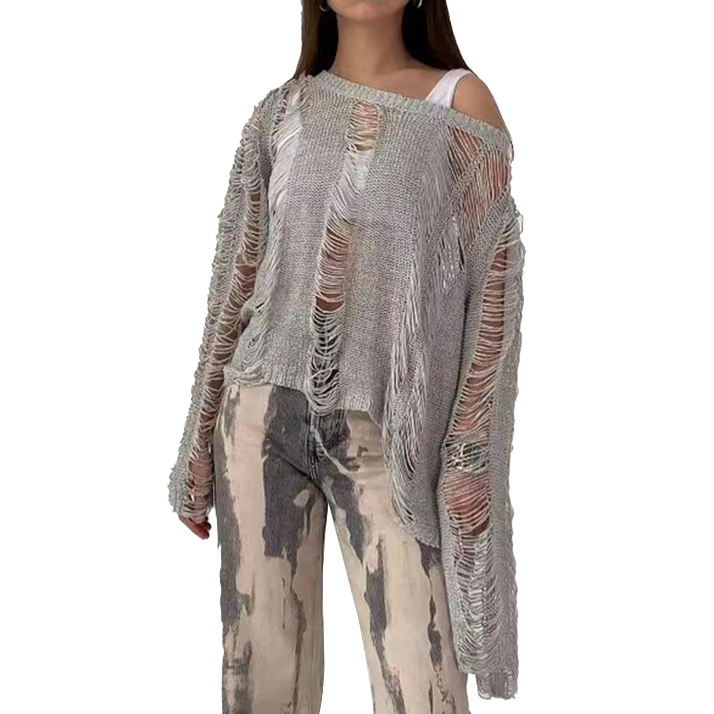 Women's Knit Top, Solid Color, Long Sleeve, O Neck, Hollow Out Knitwear