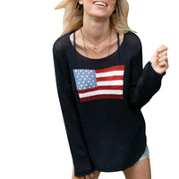 Load image into Gallery viewer, Women's Long Sleeve Knit Sweater, Crewneck, Flag Print, Loose Fitting Knitwear