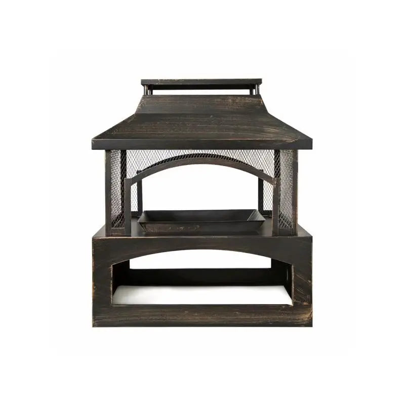 Rectangular Outdoor Wood Burning Fireplace with Built-in Log Storage and Poker - Brushed Bronze