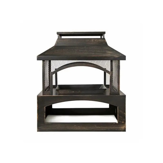 Rectangular Outdoor Wood Burning Fireplace with Built-in Log Storage and Poker - Brushed Bronze