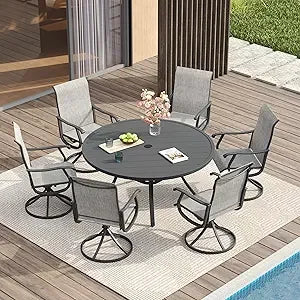 Patio Dining Set for 6, 7 Pieces Includes 53" Round Patio Table with Umbrella Hole and 6 Outdoor Swivel Chairs