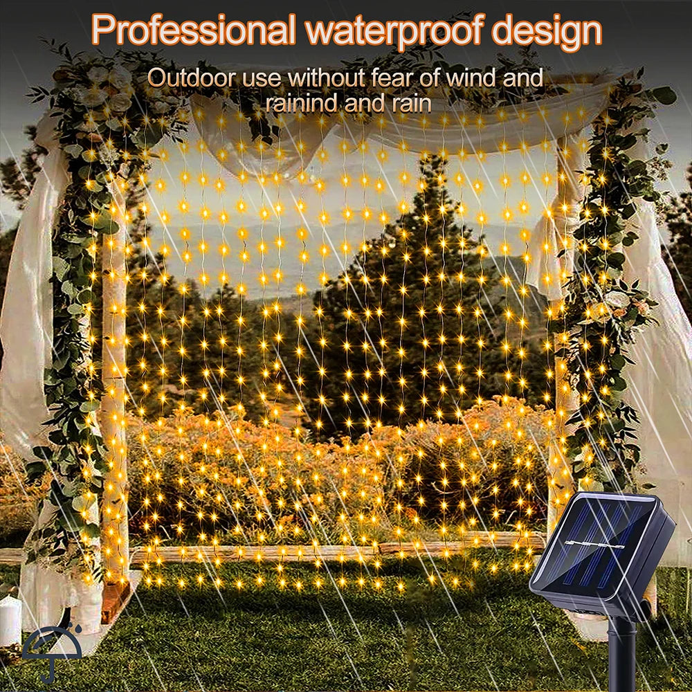 300 LED's Solar Curtain Light, Outdoor Fairy Garland String Lights, 8 Modes