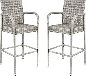 Wicker Patio Bar Stools with Footrest and Armrest