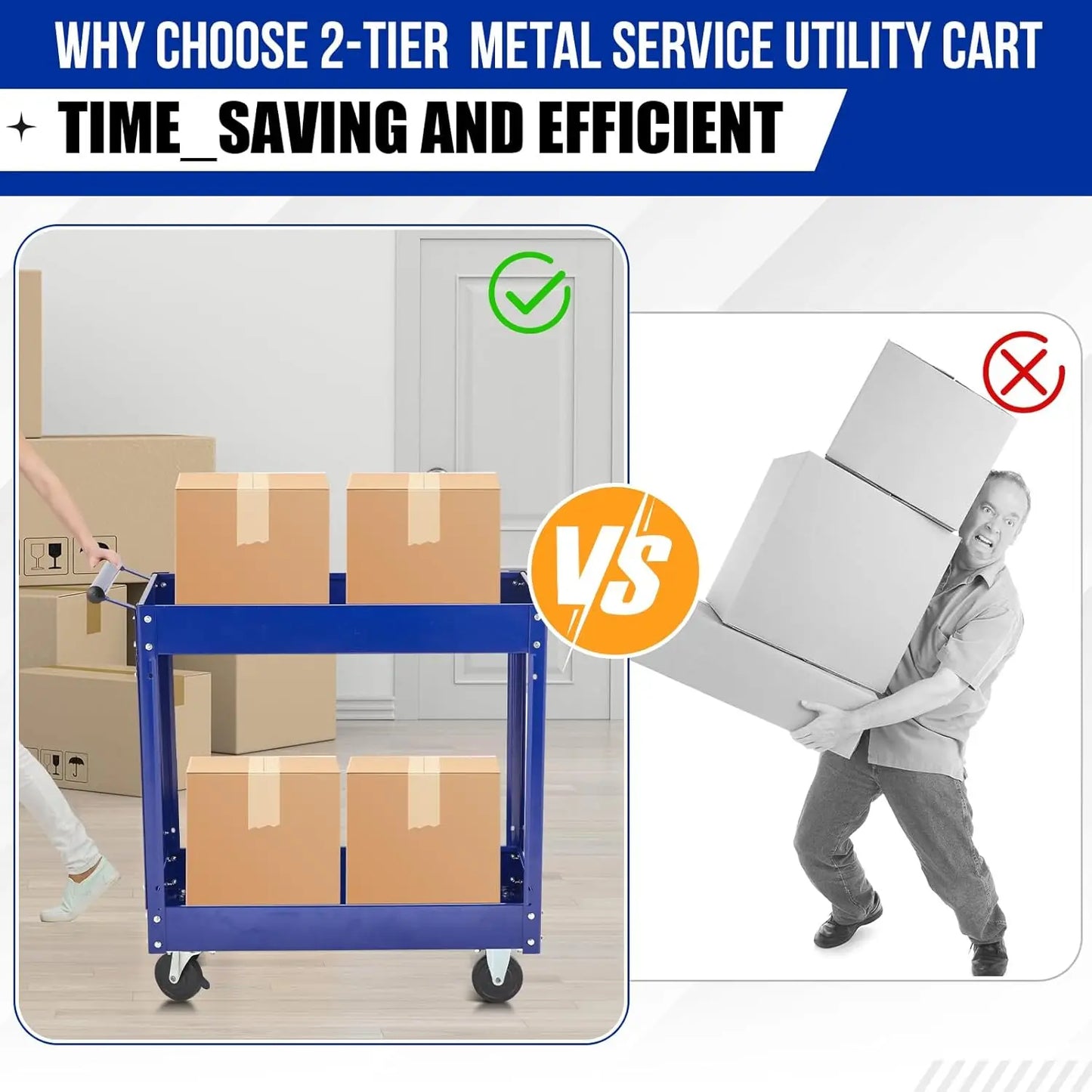 2 Tier Heavy Duty Metal Rolling Tool Cart, 330 Lbs Capacity
