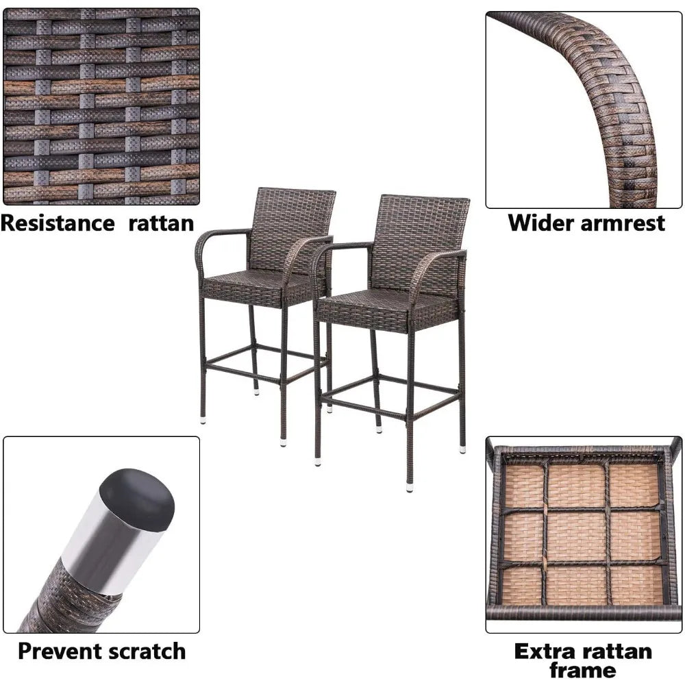 Wicker Patio Bar Stools with Footrest and Armrest