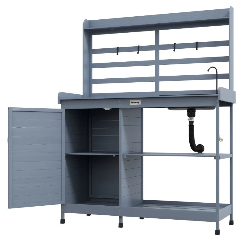 Wooden Potting Bench with Storage, Sink, Aluminum Tabletop，Water Tap for Backyard, Patio, Balcony, Gray