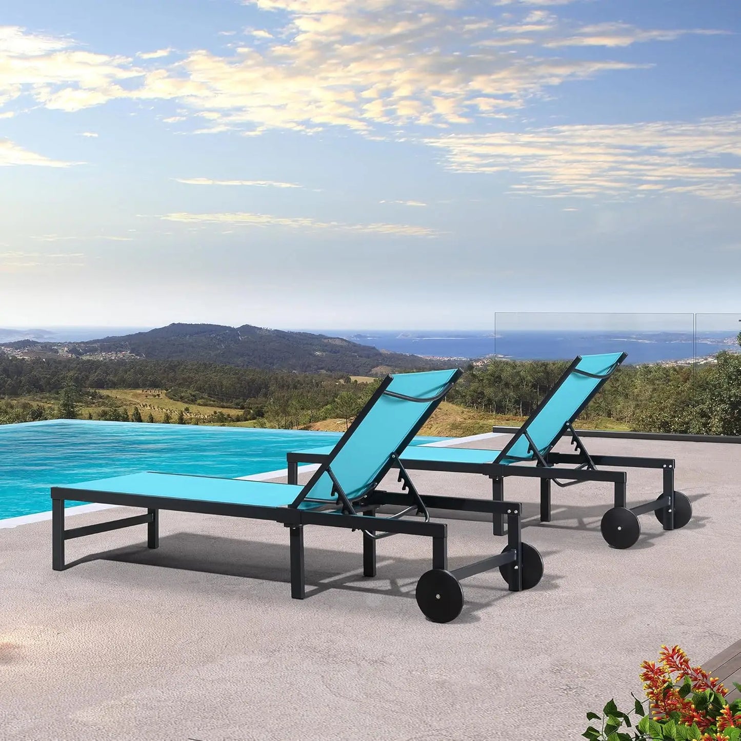 Chaise Lounge Chairs Set, Adjustable Recliner Chair with Wheels and Table