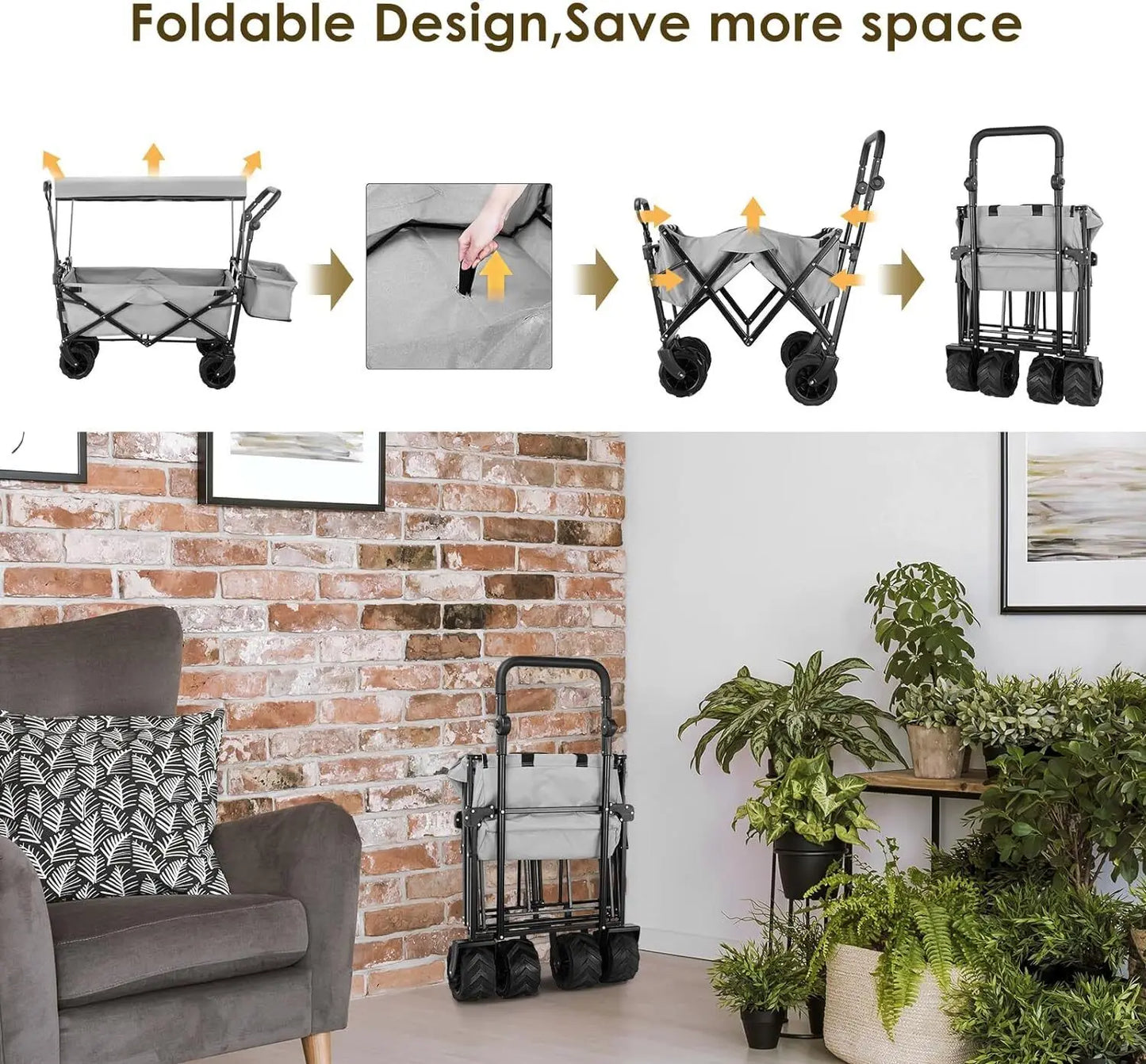 Collapsible Garden Cart Wagon with Removable Canopy, 115 kg Capacity, Push & Pull Utility Cart