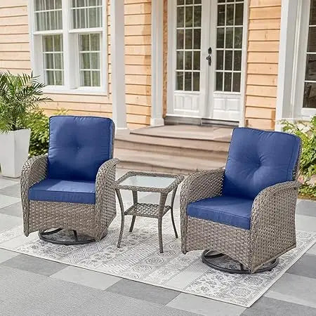 Set of 2  Patio Wicker Swivel Rockers with Rattan Side Table with Glass