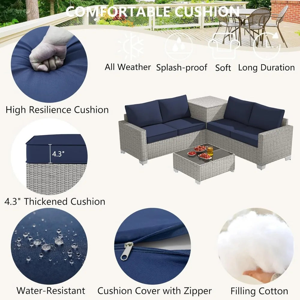 4 Piece Patio Furniture Set with Storage Box, PE Rattan, Tempered Glass