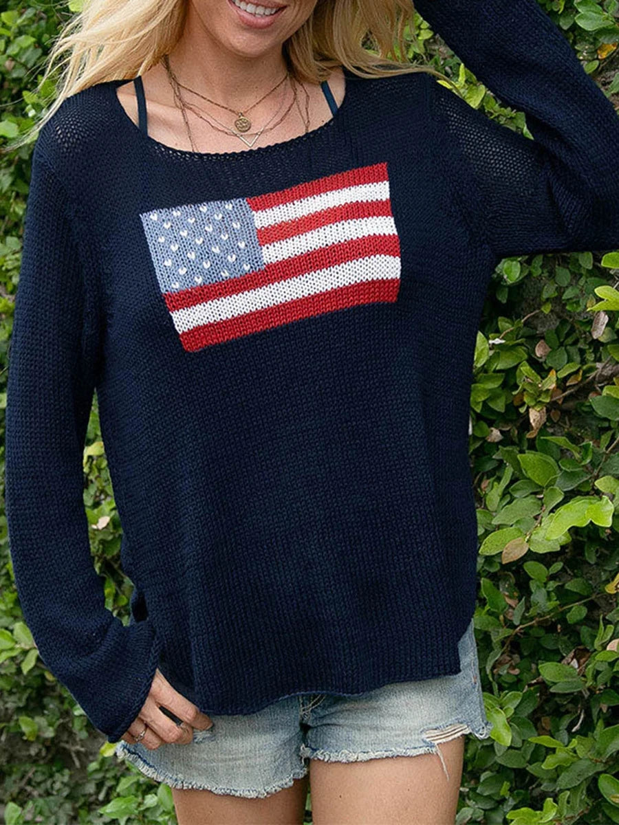 Women's Long Sleeve Knit Sweater, Crewneck, Flag Print, Loose Fitting Knitwear