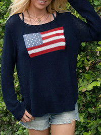 Load image into Gallery viewer, Women's Long Sleeve Knit Sweater, Crewneck, Flag Print, Loose Fitting Knitwear