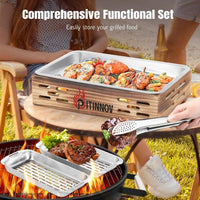 Load image into Gallery viewer, 3pcs Stainless Steel Grill Basket Set with BBQ Prep Tray and Wooden Warming Tray