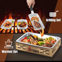 Load image into Gallery viewer, 3pcs Stainless Steel Grill Basket Set with BBQ Prep Tray and Wooden Warming Tray