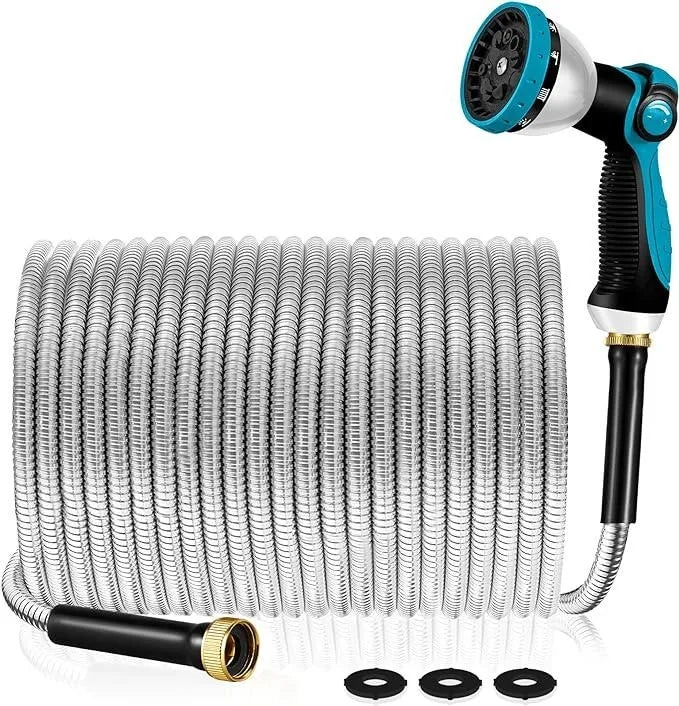 100 FT and 50 FT Stainless Steel Flexible Garden Hose, Kink-Free & No-Leak, with 10 Functions Adjustable Spray Nozzle