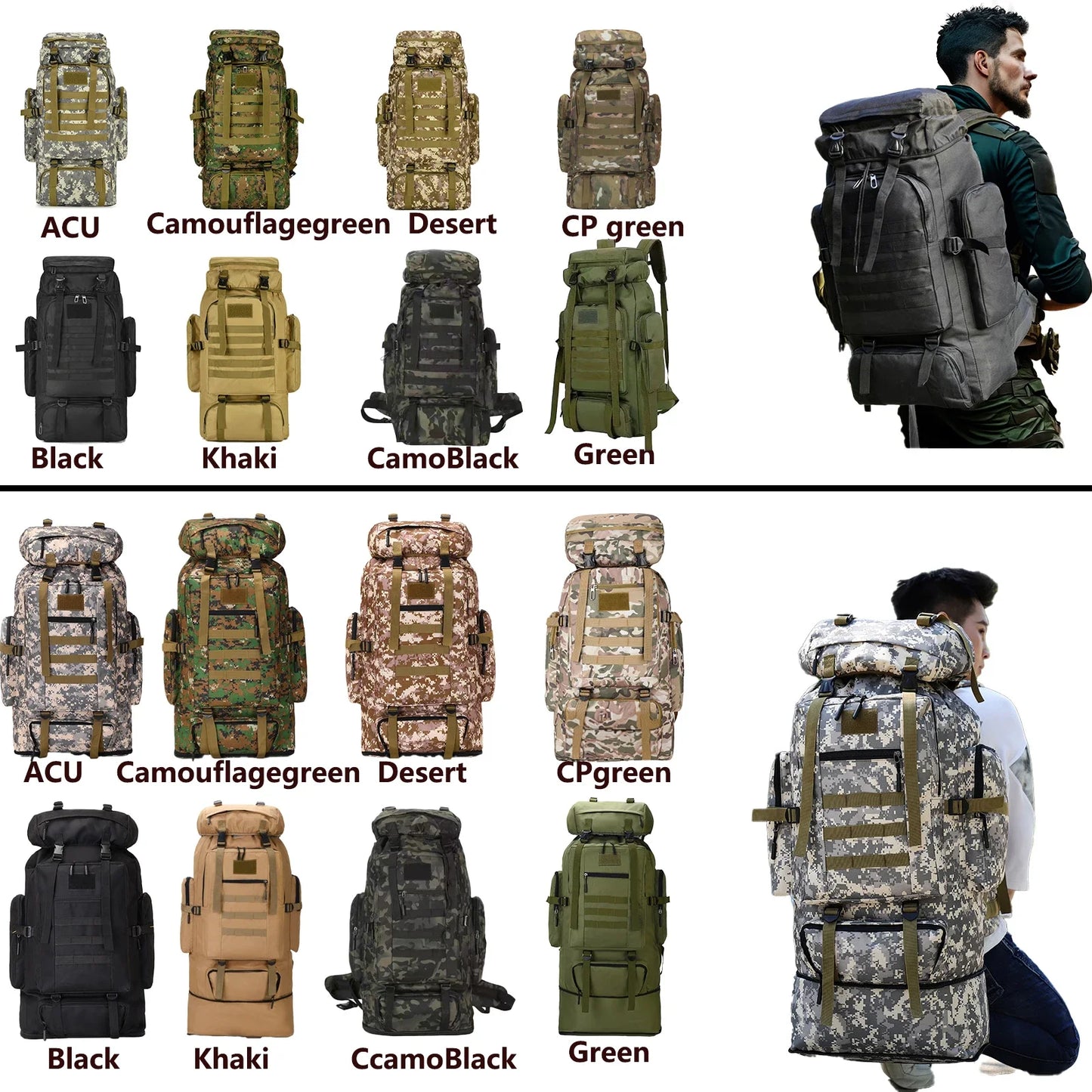 80L/100L Large Mountaineering Tactical Backpack, Hiking, Camping, Travel