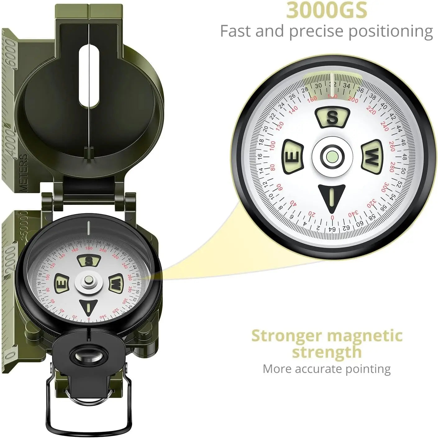 Professional Military Compass, 3000 Gauss, Waterproof with Carry Bag for Navigation, Hiking, Camping, Hunting.