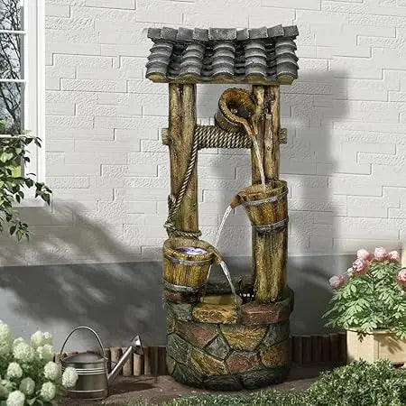 Wishing Well Water Fountain, 39.3 inches Rustic Outdoor Water Fountains - Outdoor Cascading Waterfall with Buckets, Pump & Lights