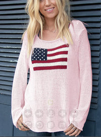 Load image into Gallery viewer, Women's Long Sleeve Knit Sweater, Crewneck, Flag Print, Loose Fitting Knitwear