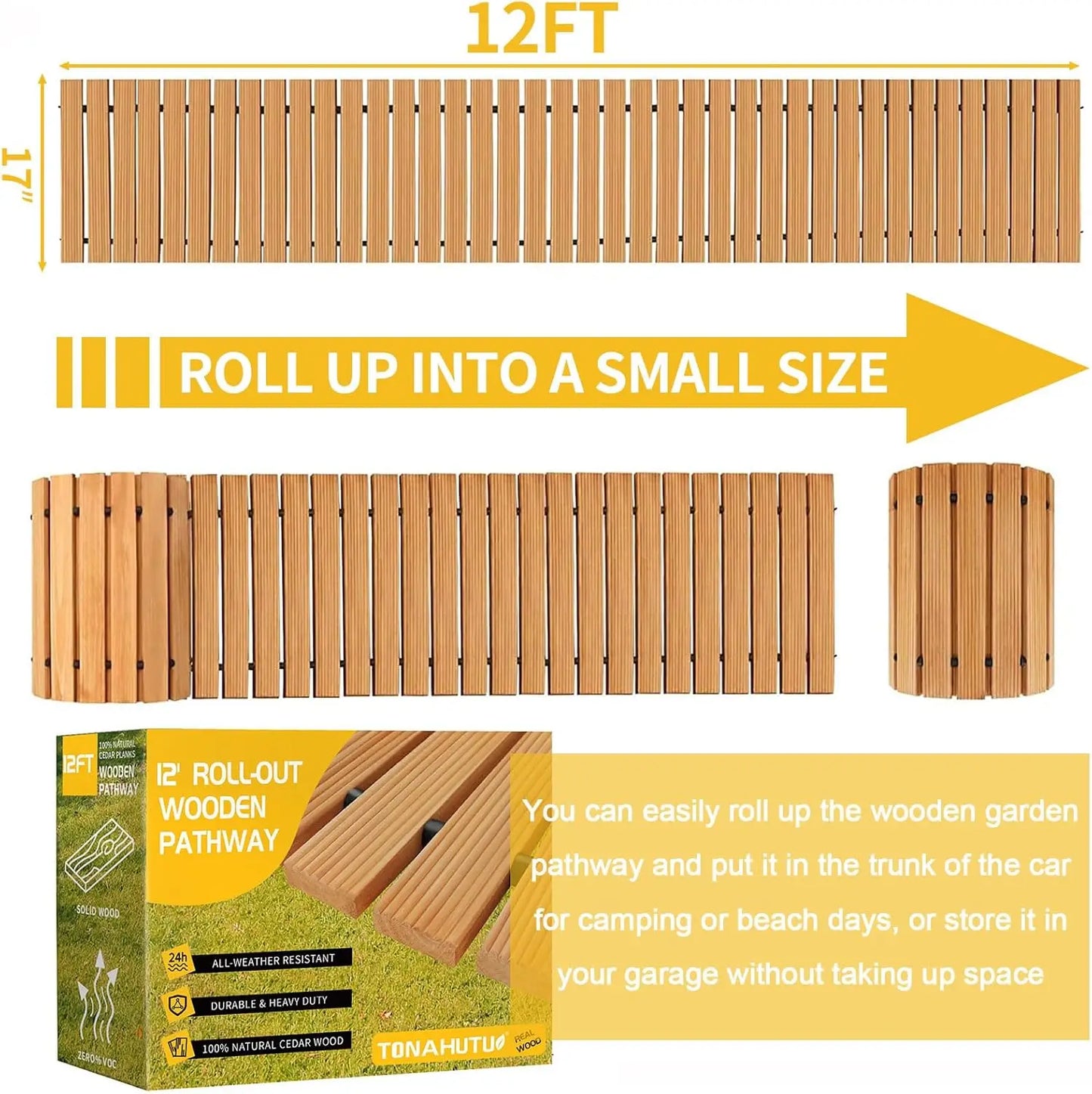 12FT Roll Out Wooden Garden Pathway, Weather-Resistant, 17" W