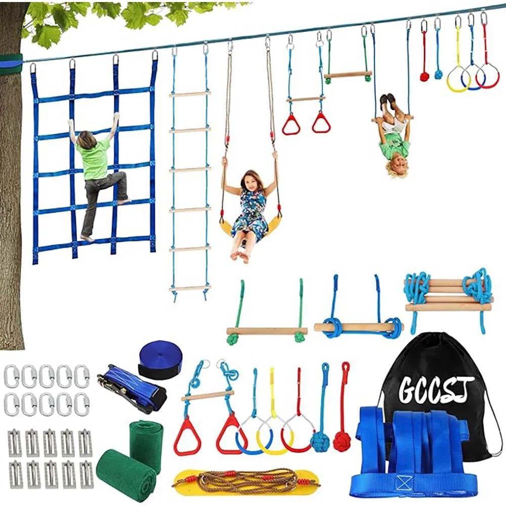 Warrior Obstacle Course For Kids And Adults - 65 FT Slackline With Tree Climbing Rock Holds, Swing Seat, Monkey Bars, Ring Wheel,
