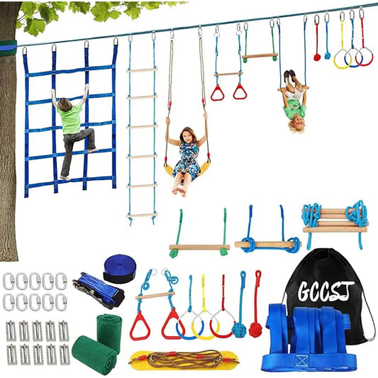Warrior Obstacle Course For Kids And Adults - 65 FT Slackline With Tree Climbing Rock Holds, Swing Seat, Monkey Bars, Ring Wheel,