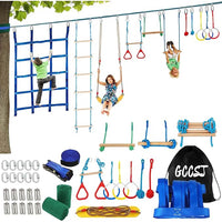 Load image into Gallery viewer, Warrior Obstacle Course For Kids And Adults - 65 FT Slackline With Tree Climbing Rock Holds, Swing Seat, Monkey Bars, Ring Wheel,
