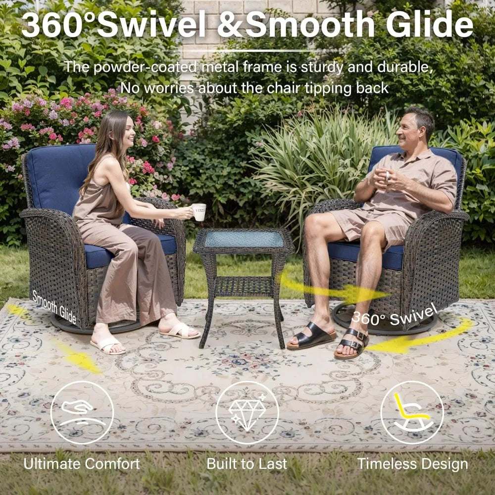 Set of 2  Patio Wicker Swivel Rockers with Rattan Side Table with Glass