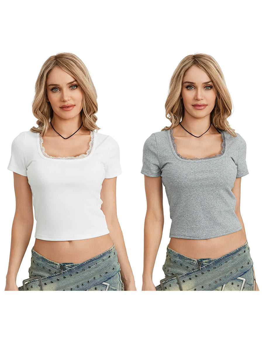 Women's Lace Trim Crop Top, Short Sleeve Scoop Neck Solid Color