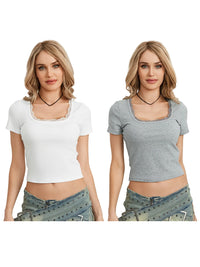 Load image into Gallery viewer, Women's Lace Trim Crop Top, Short Sleeve Scoop Neck Solid Color