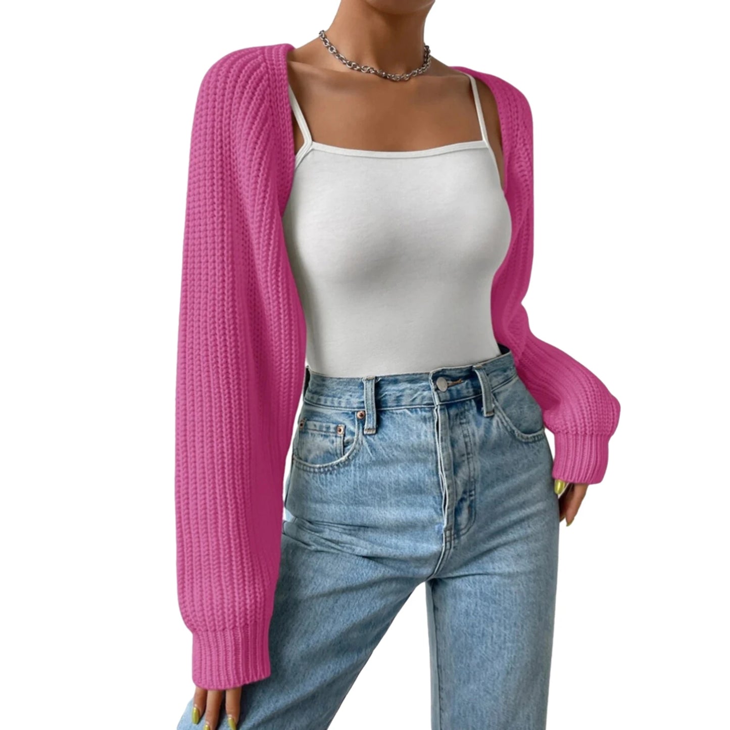 Women's Open Front Cropped Cardigan, Long Sleeve, Solid Color, Ribbed Knit Shrug Sweater Bolero Tops