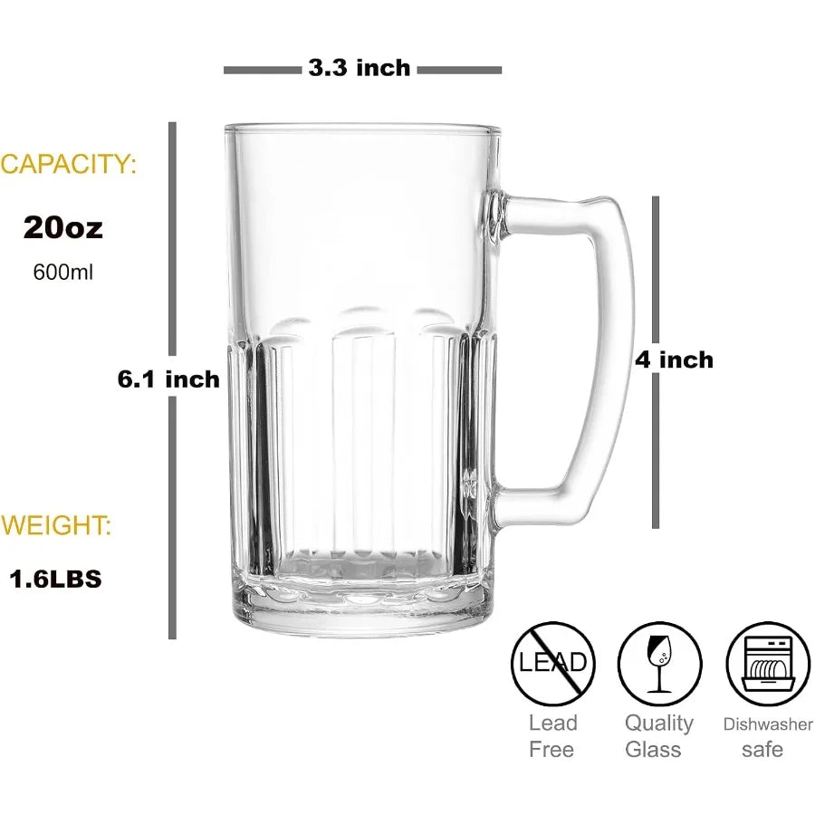 2 Pack Heavy, Large Beer Glasses with Handle, 20 Ounce Classic Glass Steins for Beer Drinking, Ideal for Bars, Parties and Home Use