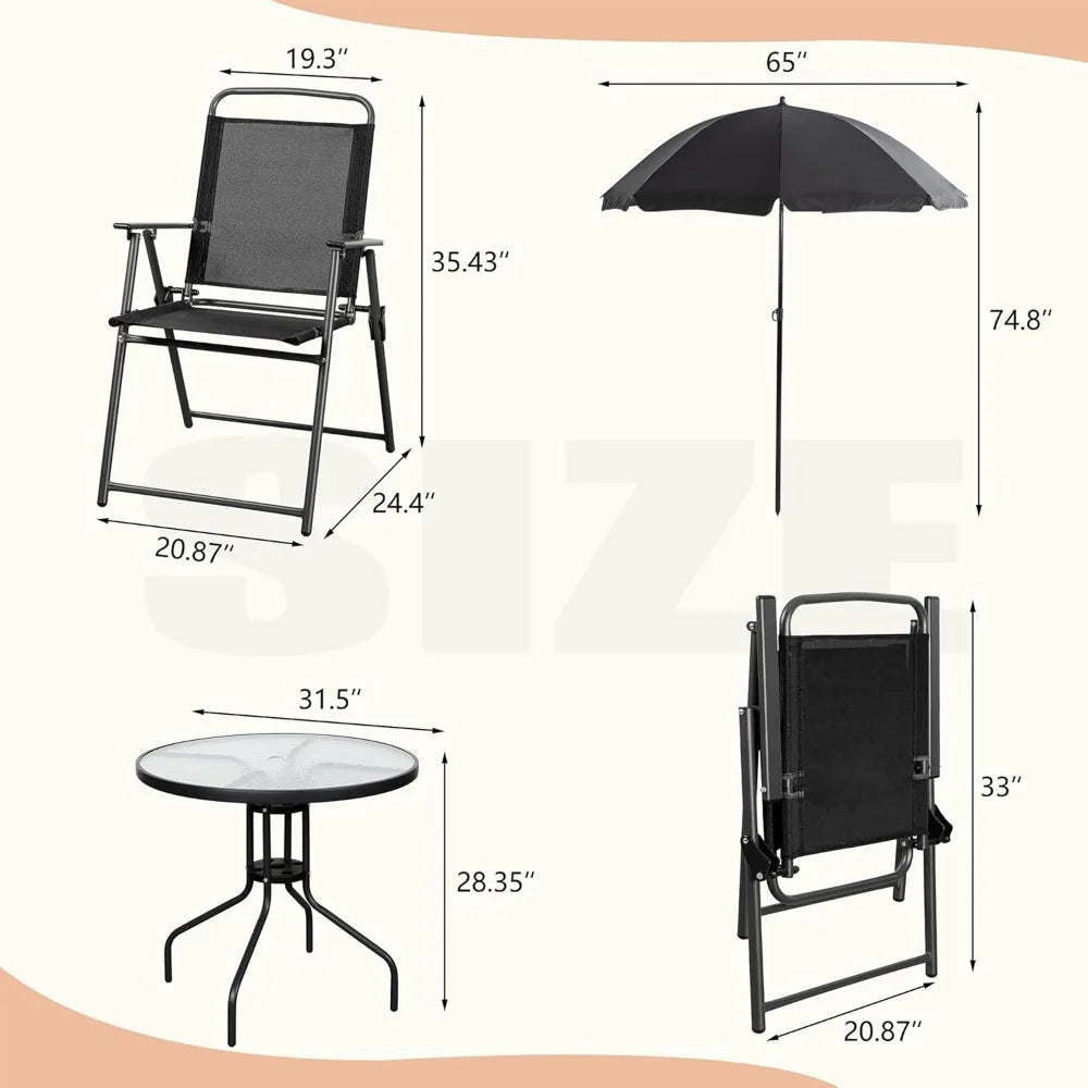 6 Piece Patio Dining Set, Small Metal Outdoor Garden Patio Table and Chair Set w/Umbrella