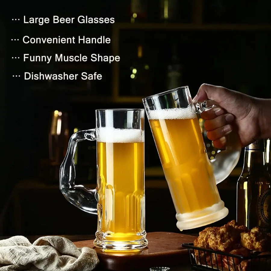1 Heavy 20oz Glass Beer Mugs with Unique Funny Shaped Handle, Safe for Freezer