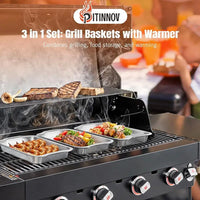 Load image into Gallery viewer, 3pcs Stainless Steel Grill Basket Set with BBQ Prep Tray and Wooden Warming Tray