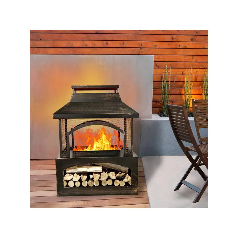 Rectangular Outdoor Wood Burning Fireplace with Built-in Log Storage and Poker - Brushed Bronze