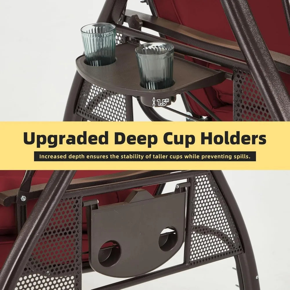 3 Person Outdoor Swing with 1.5" Deep Cup Holder, Adjustable Canopy, Backrest Can be Laid Flat to Make a Bed