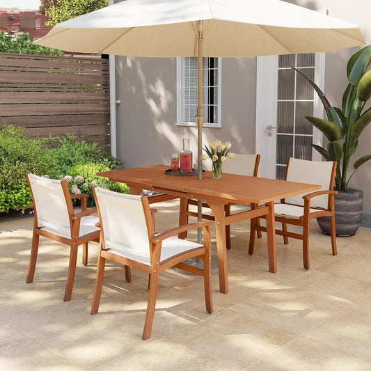 Acacia Wood Patio Dining Set for 6-8, Outdoor Expandable Table and Chairs Set. ***Umbrella and Base Not Included***