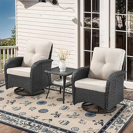 Set of 2  Patio Wicker Swivel Rockers with Rattan Side Table with Glass