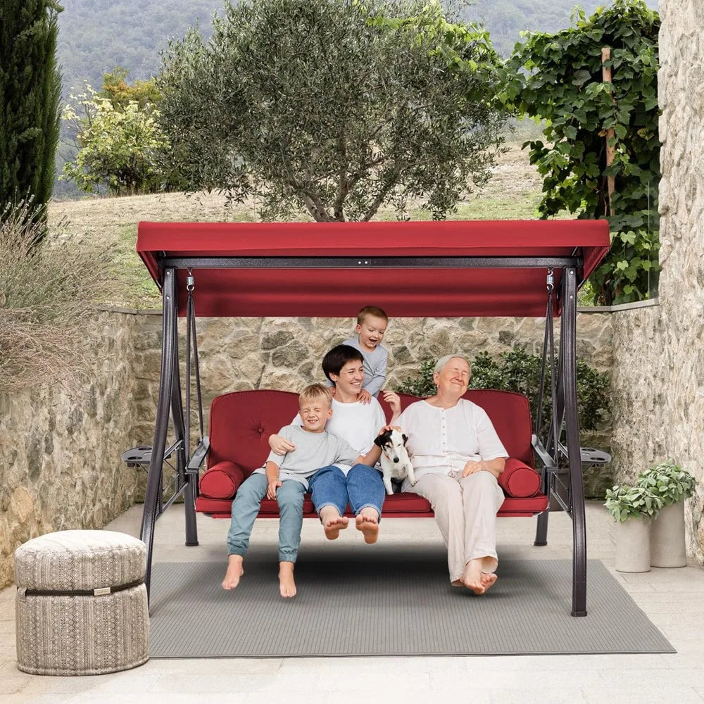 3 Person Outdoor Swing with 1.5" Deep Cup Holder, Adjustable Canopy, Backrest Can be Laid Flat to Make a Bed