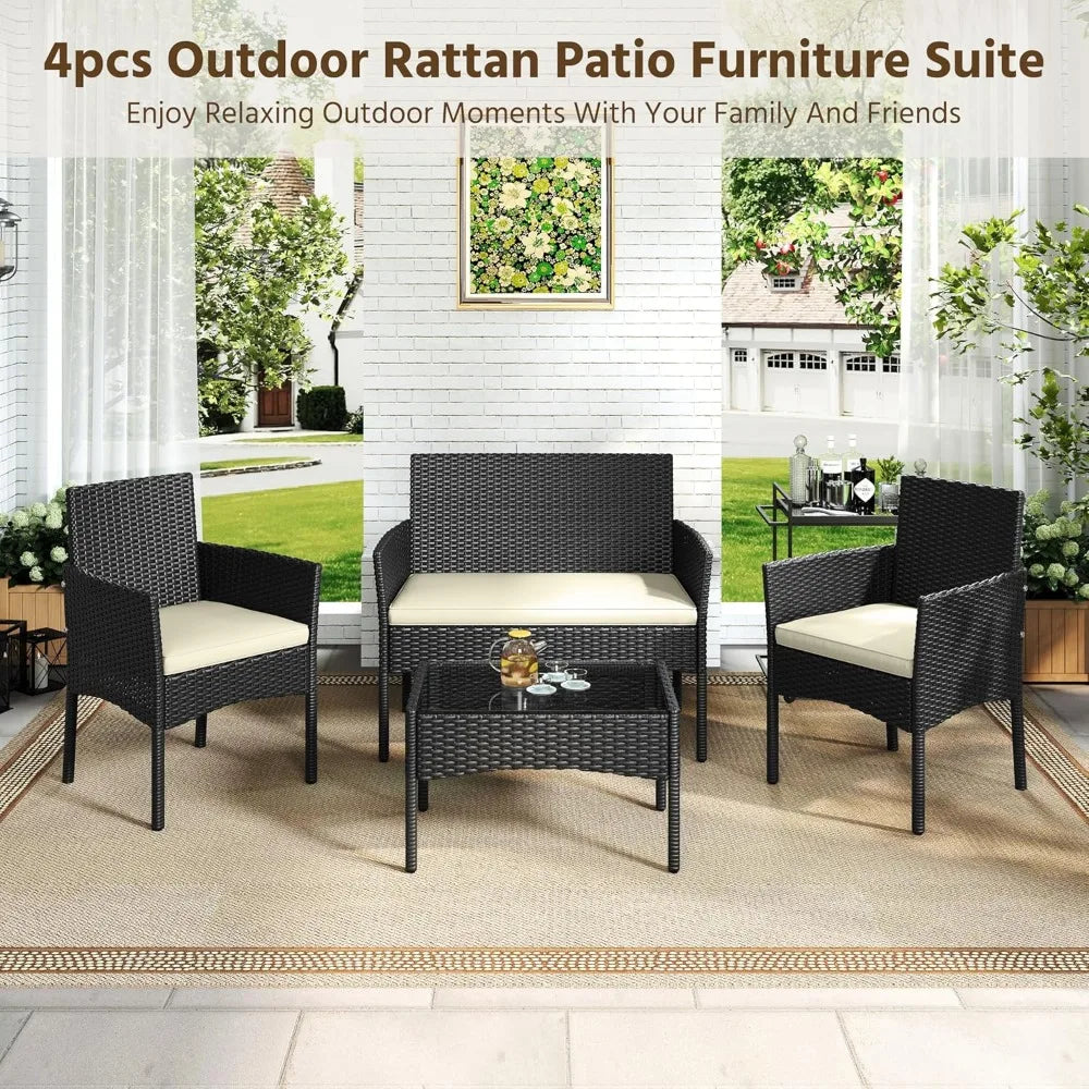 Patio Furniture Set 4 Pieces, Rattan Wicker Chair and Loveseat with Soft Cushions and Glass Table Top